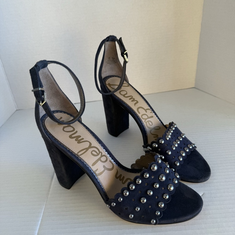 SAM EDELMAN Yaria Suede Studded Scalloped Block Heel Sandals Inky Navy Blue 10M